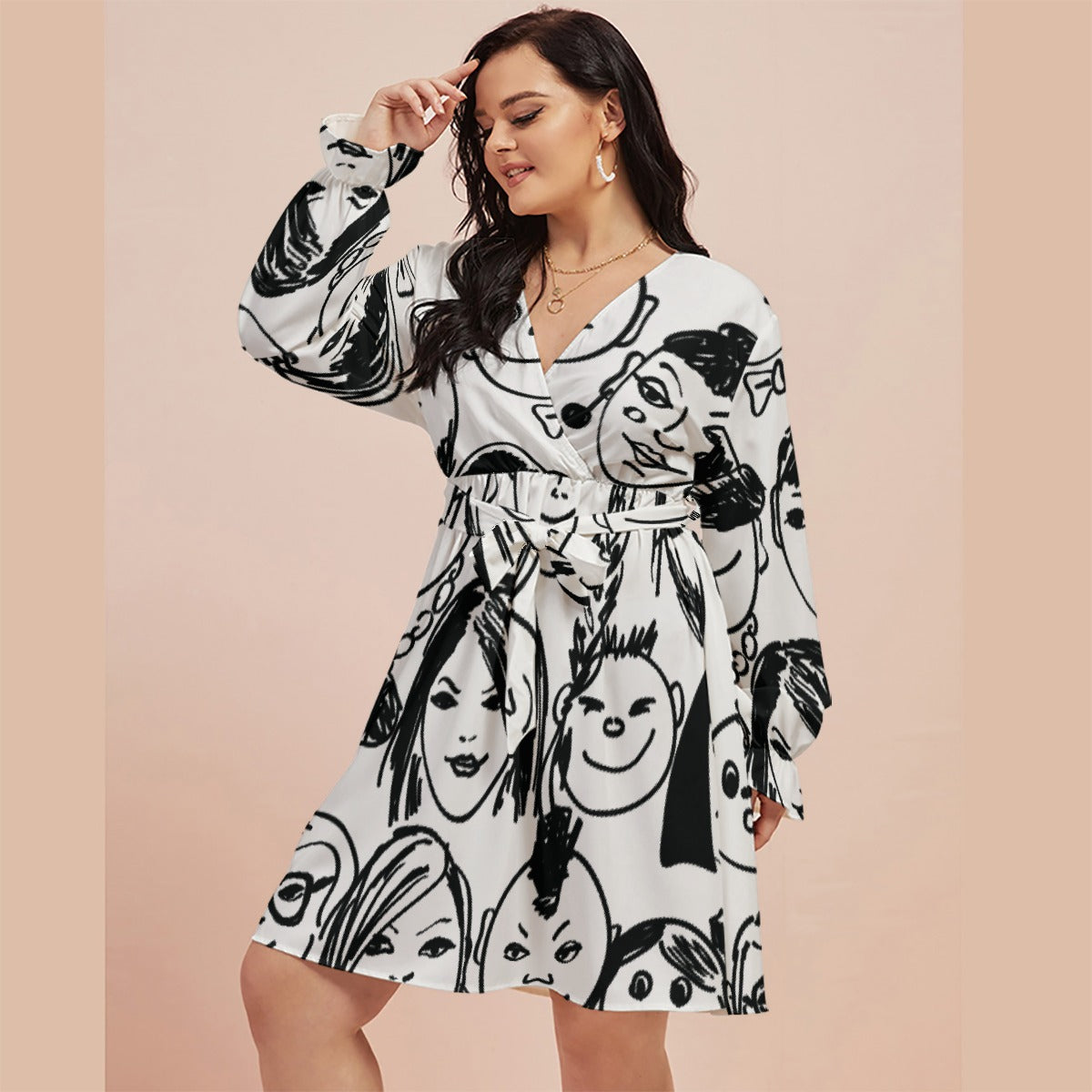 All-Over Print Women's V-neck Dress With Waistband(Plus Size)