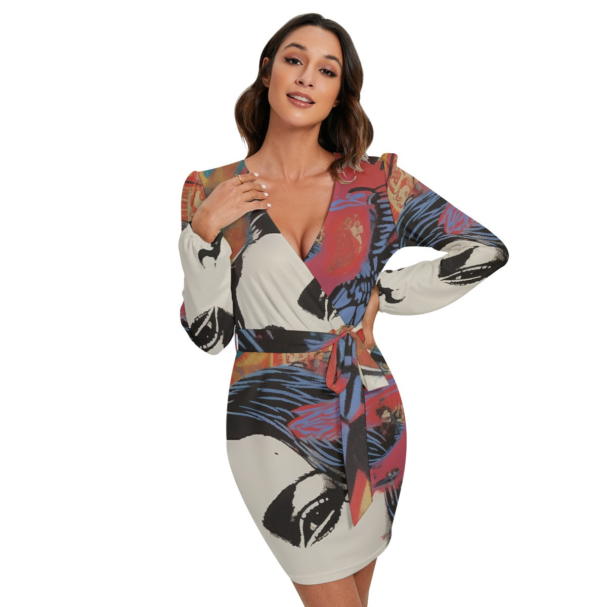 All-Over Print Women's Long Sleeve Dress With Waist Belt