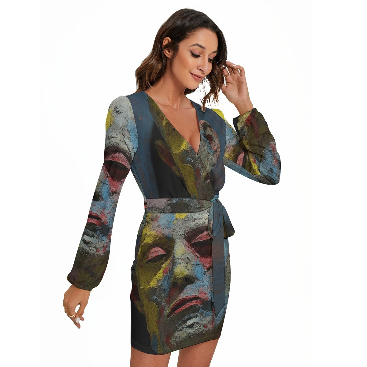 All-Over Print Women's Long Sleeve Dress With Waist Belt