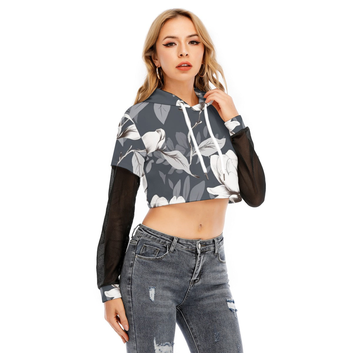 All-Over Print Women's Fake Two-piece Mesh Sleeve Cropped Hoodie