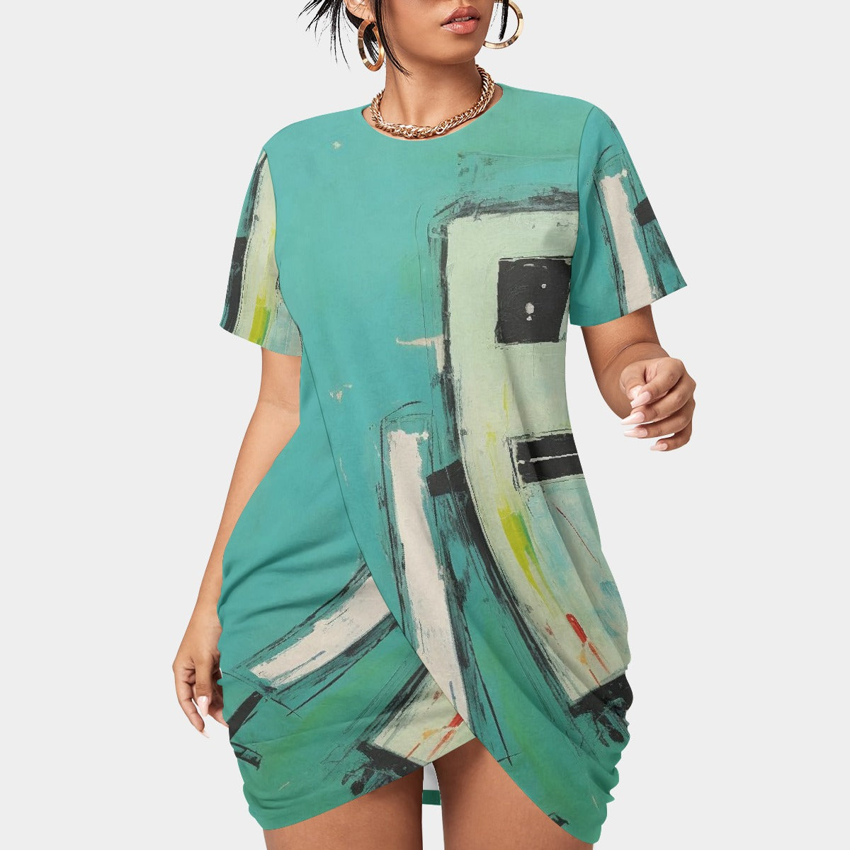 All-Over Print Women’s Stacked Hem Dress With Short Sleeve（Plus Size）