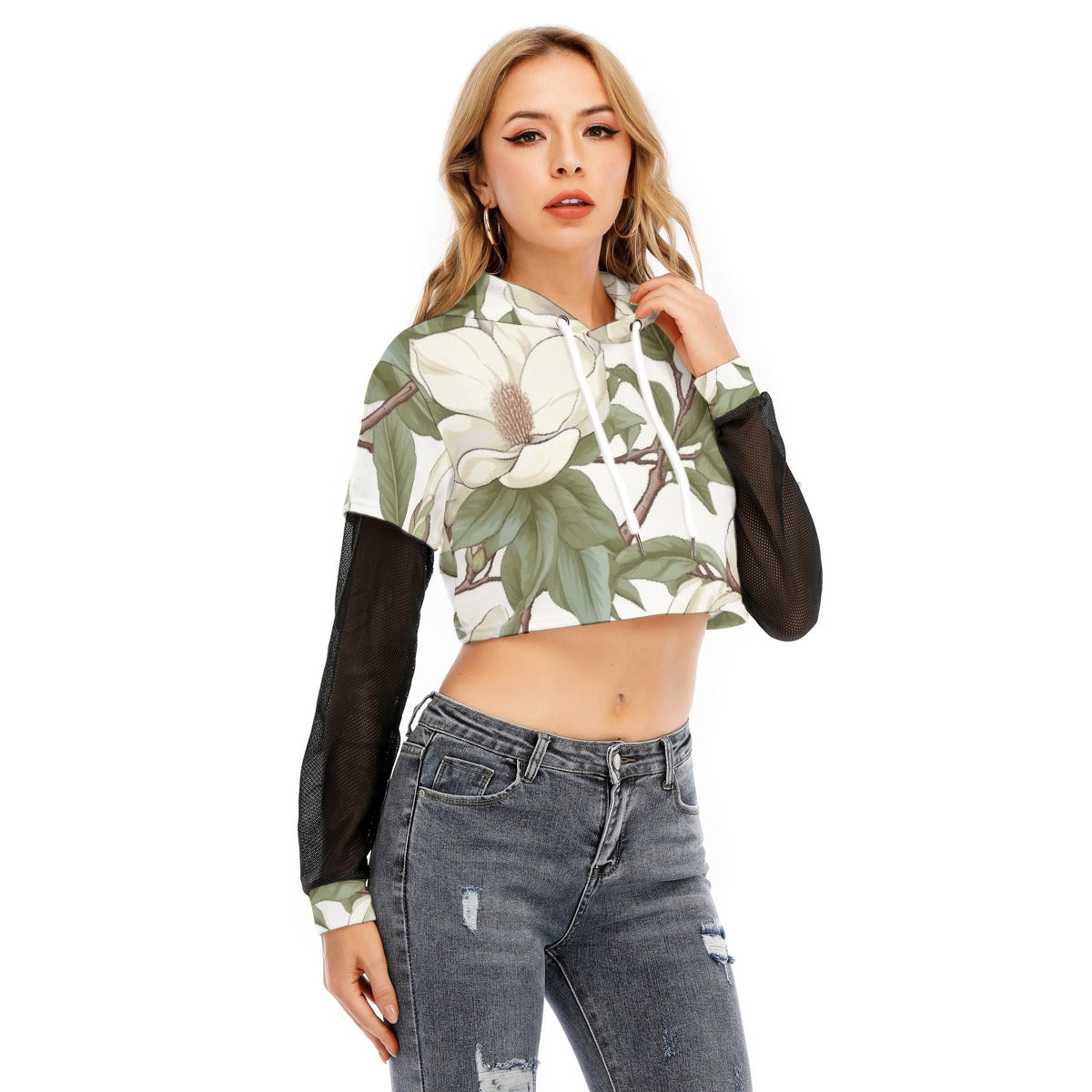 All-Over Print Women's Fake Two-piece Mesh Sleeve Cropped Hoodie