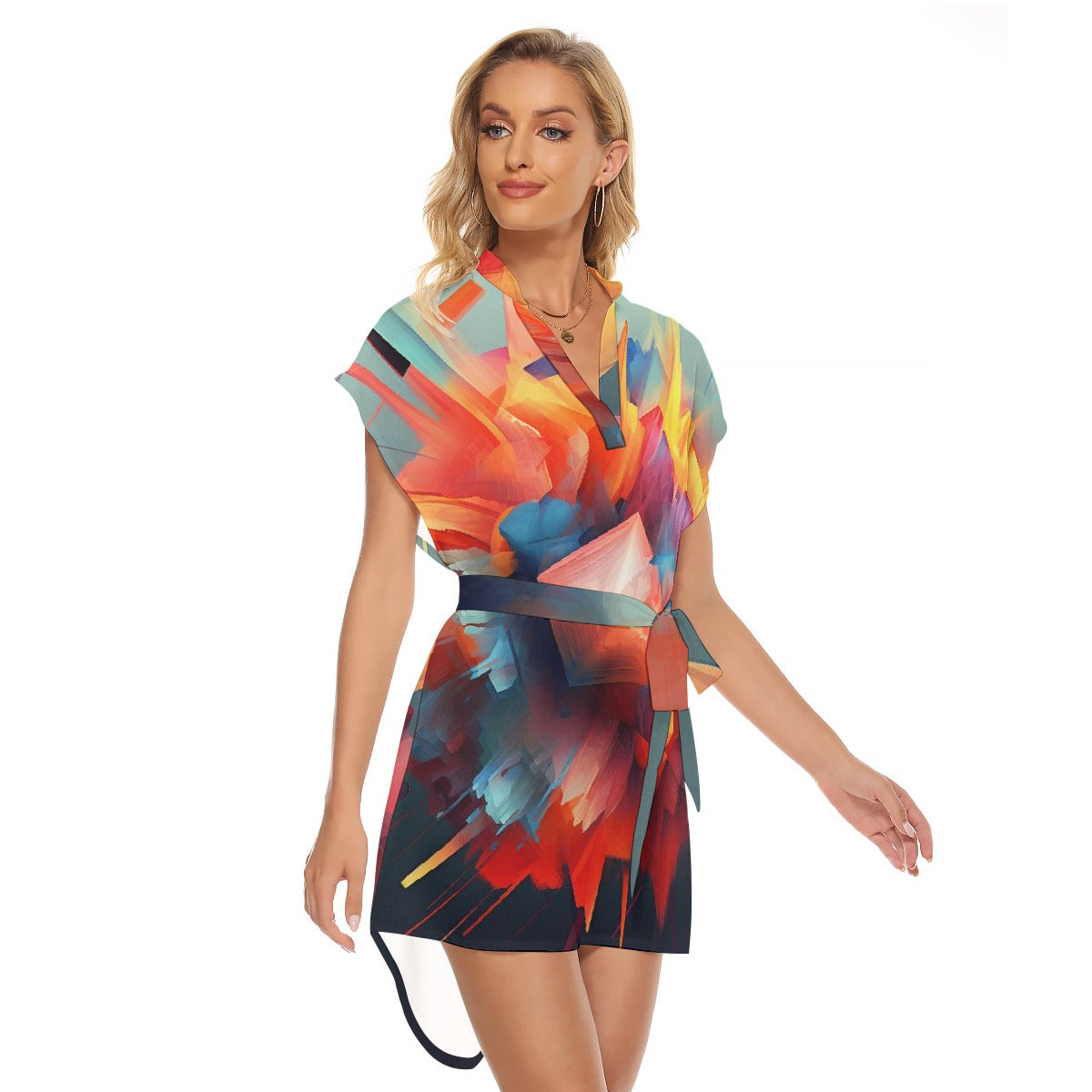 All-Over Print Women's Stand-up Collar Casual Dress With Belt