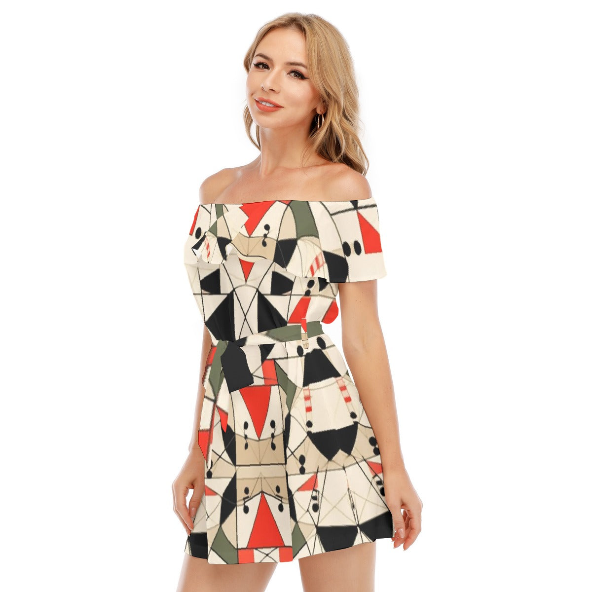 All-Over Print Women's Off-shoulder Dress With Ruffle