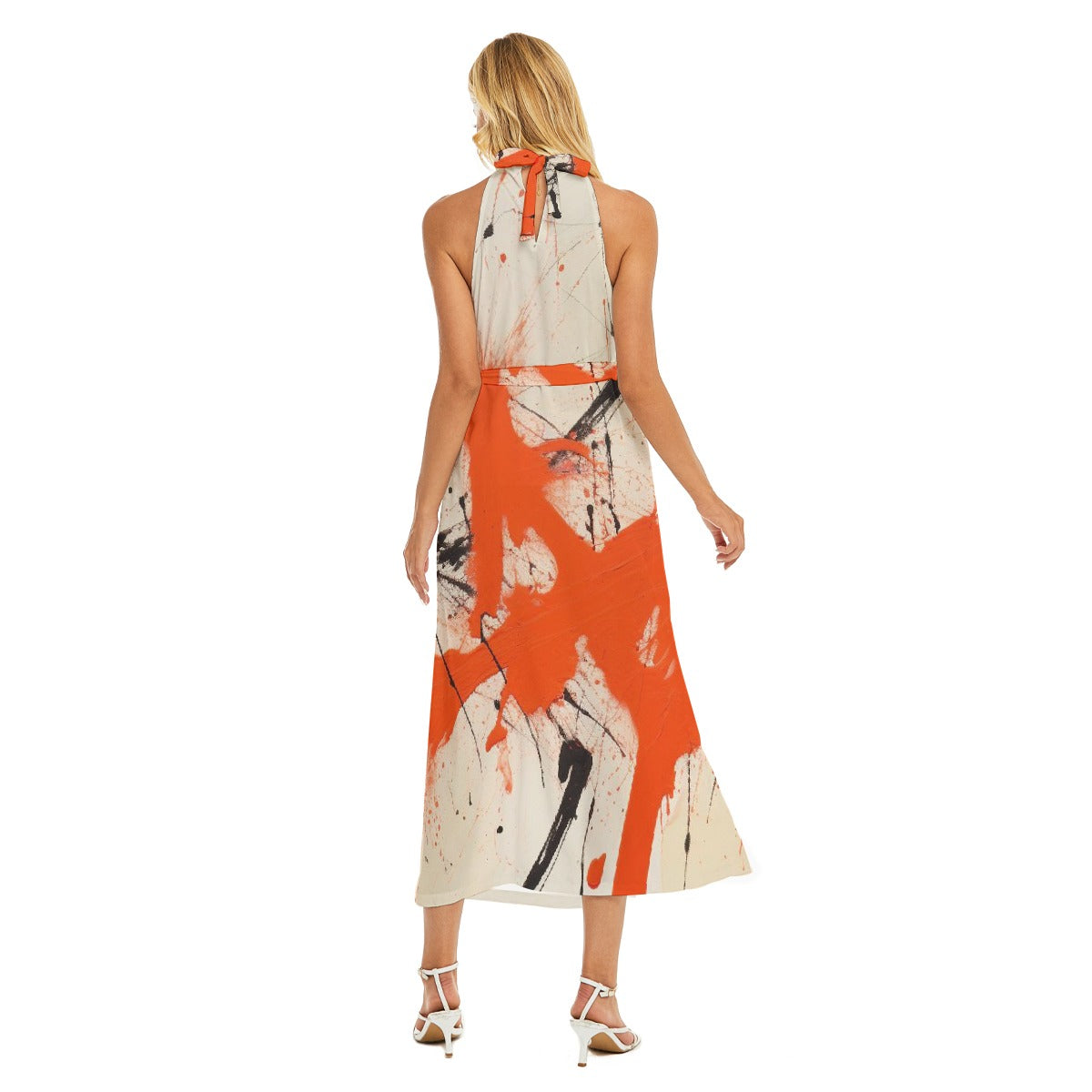 All-Over Print Women's Wrap Hem Belted Halter Dress