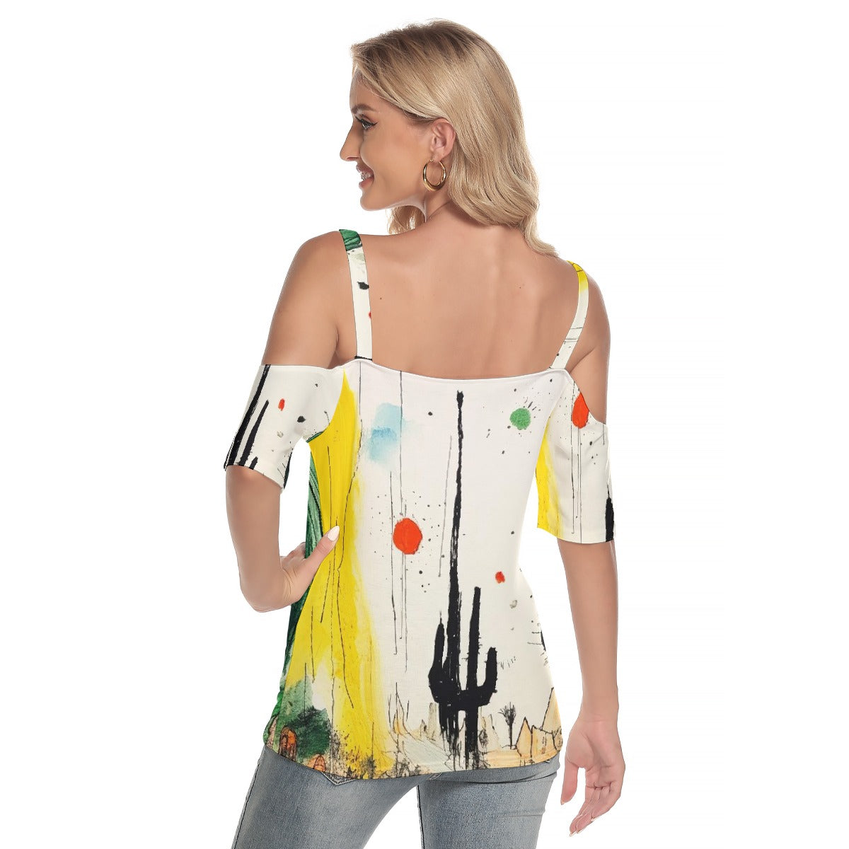 All-Over Print Women's Cold Shoulder T-shirt With Criss Cross Strips