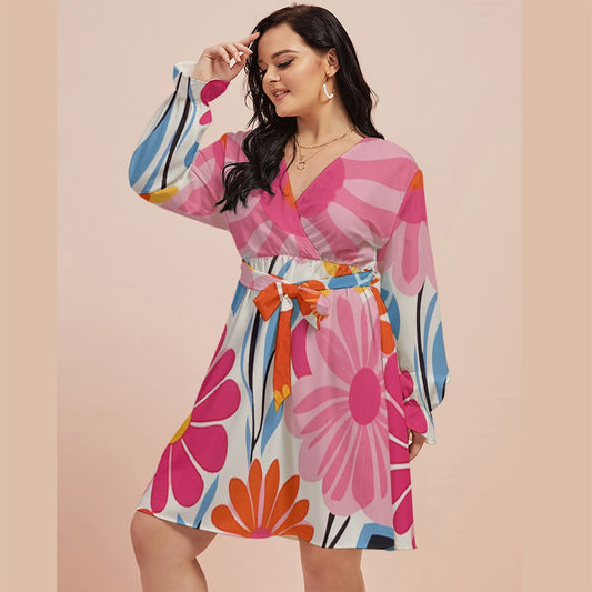 All-Over Print Women's V-neck Dress With Waistband(Plus Size)