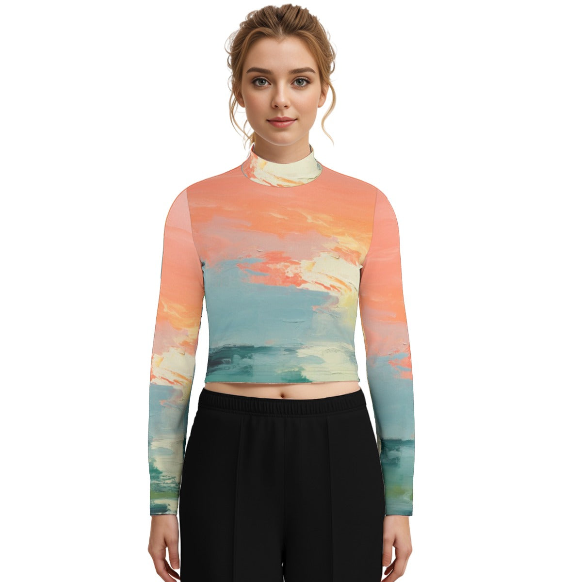 Eco-Friendly All-Over Print Women's Turtleneck T-shirt With Long Sleeve