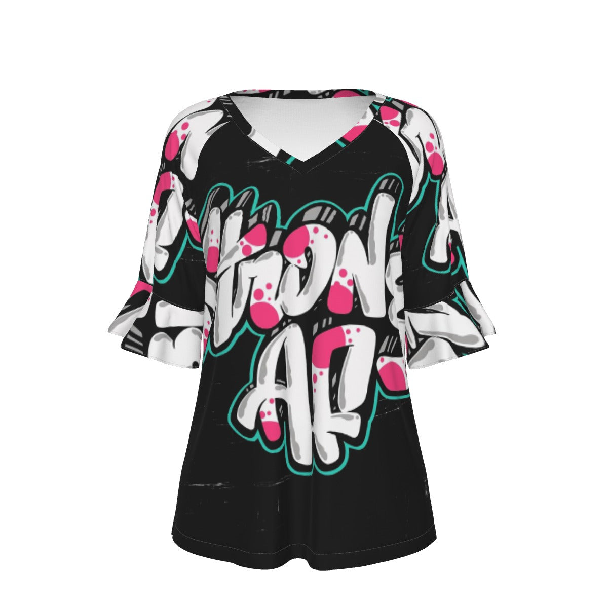 All-Over Print V-neck Women's T-shirt With Bell Sleeve