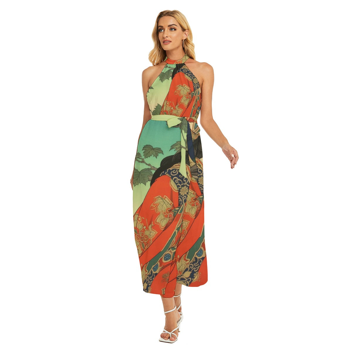 All-Over Print Women's Wrap Hem Belted Halter Dress