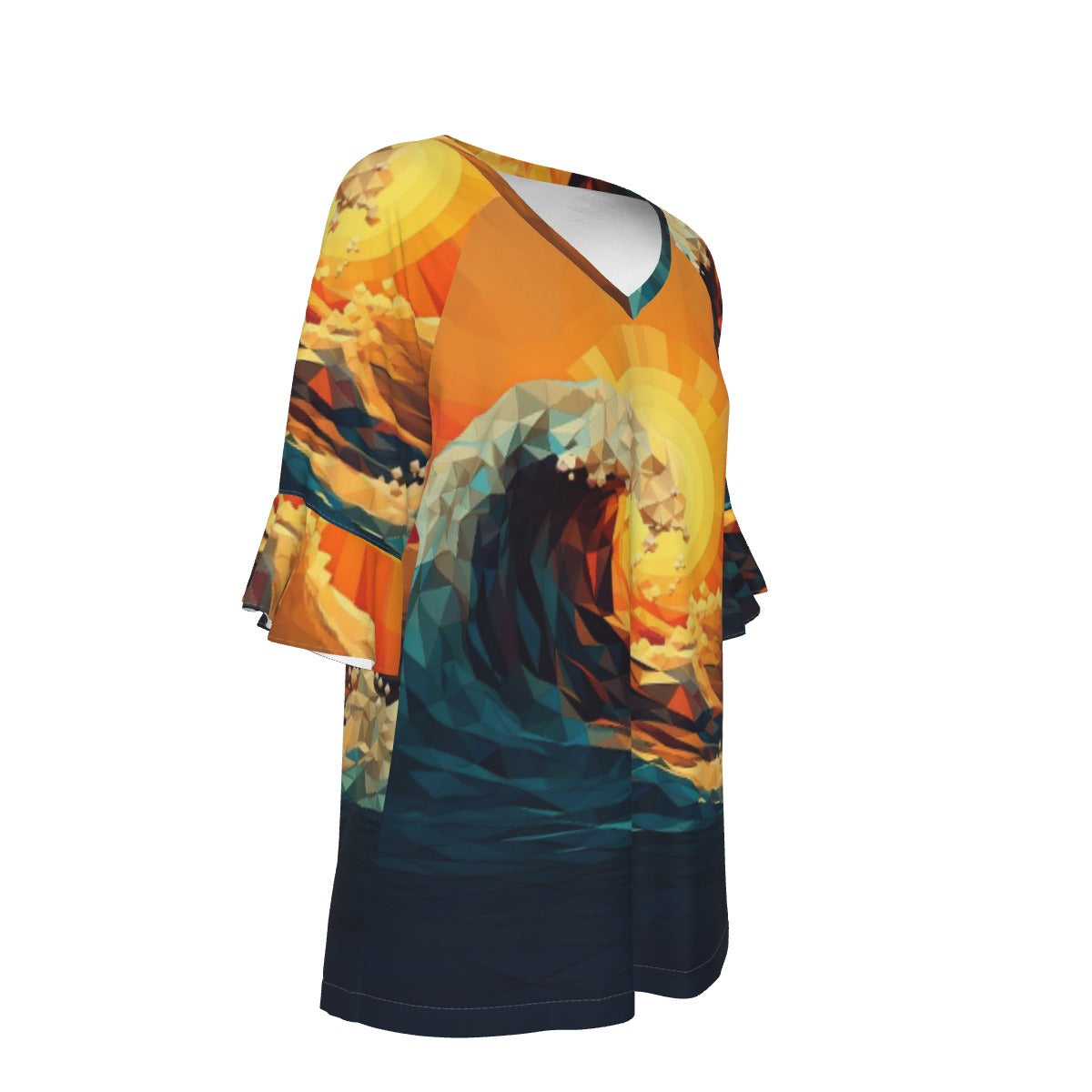 All-Over Print V-neck Women's T-shirt With Bell Sleeve