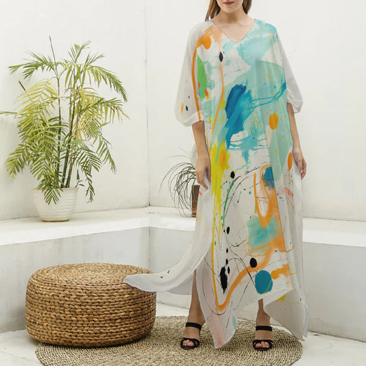 All-Over Print Women's Imitation Silk V-neck Kaftan Robe