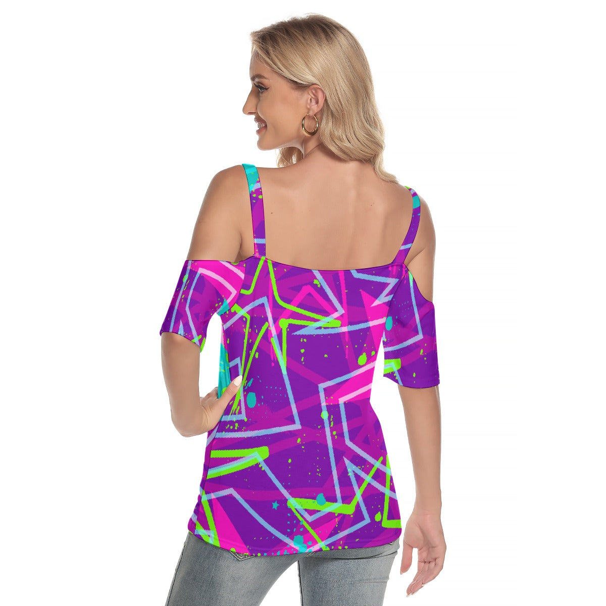 All-Over Print Women's Cold Shoulder T-shirt With Criss Cross Strips