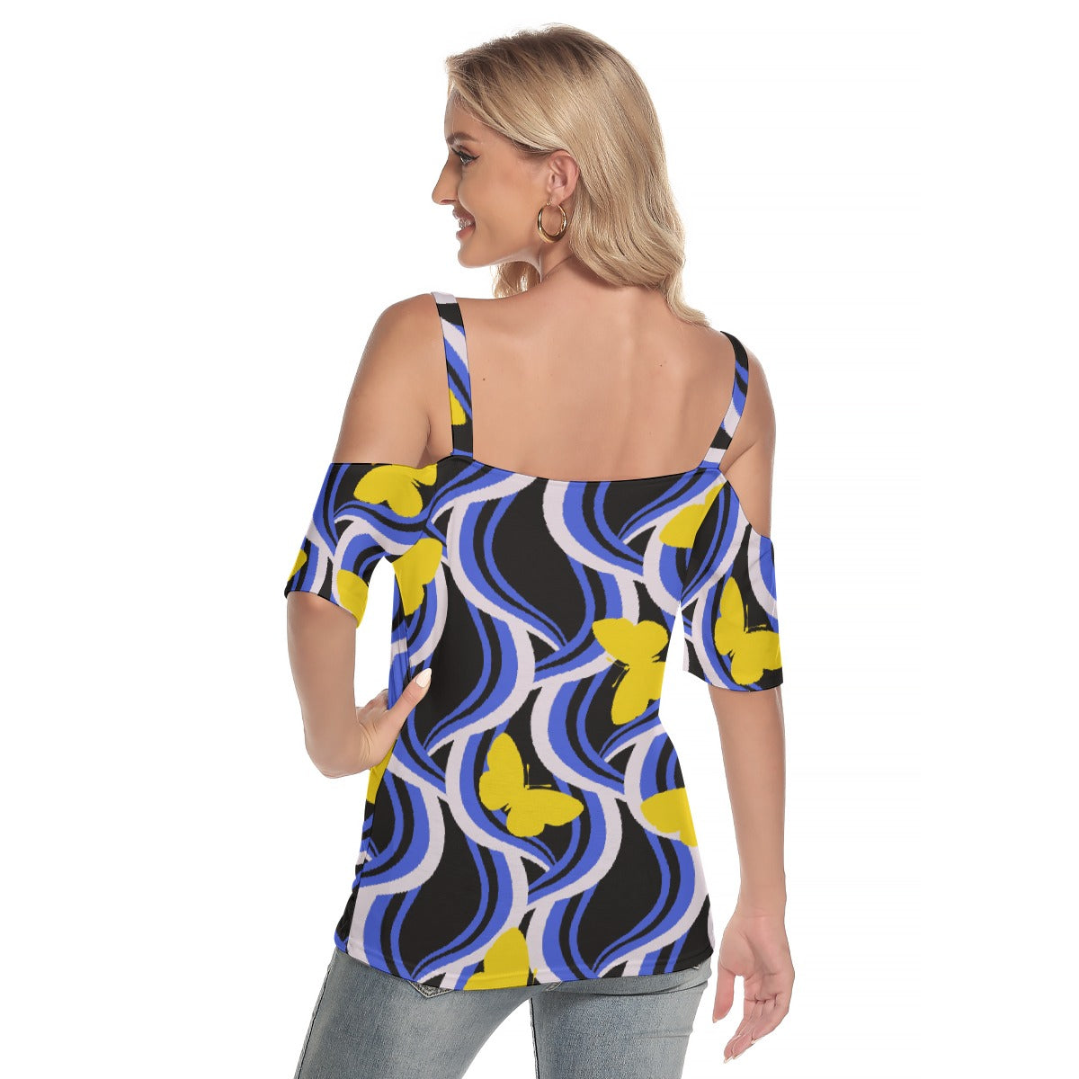 All-Over Print Women's Cold Shoulder T-shirt With Criss Cross Strips