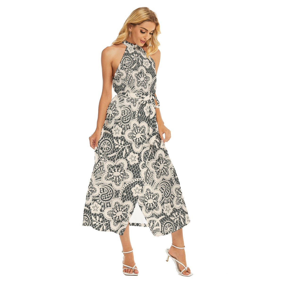 All-Over Print Women's Wrap Hem Belted Halter Dress