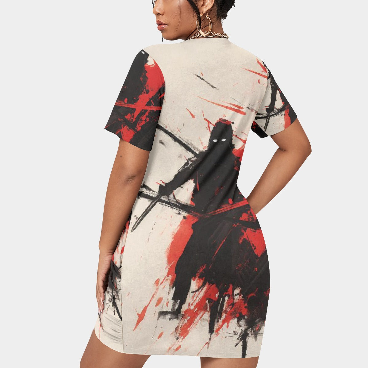 All-Over Print Women’s Stacked Hem Dress With Short Sleeve（Plus Size）