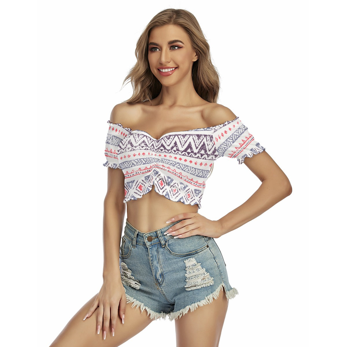 All-Over Print Women's One-shoulder Off-the-navel Short Sleeve T-shirt