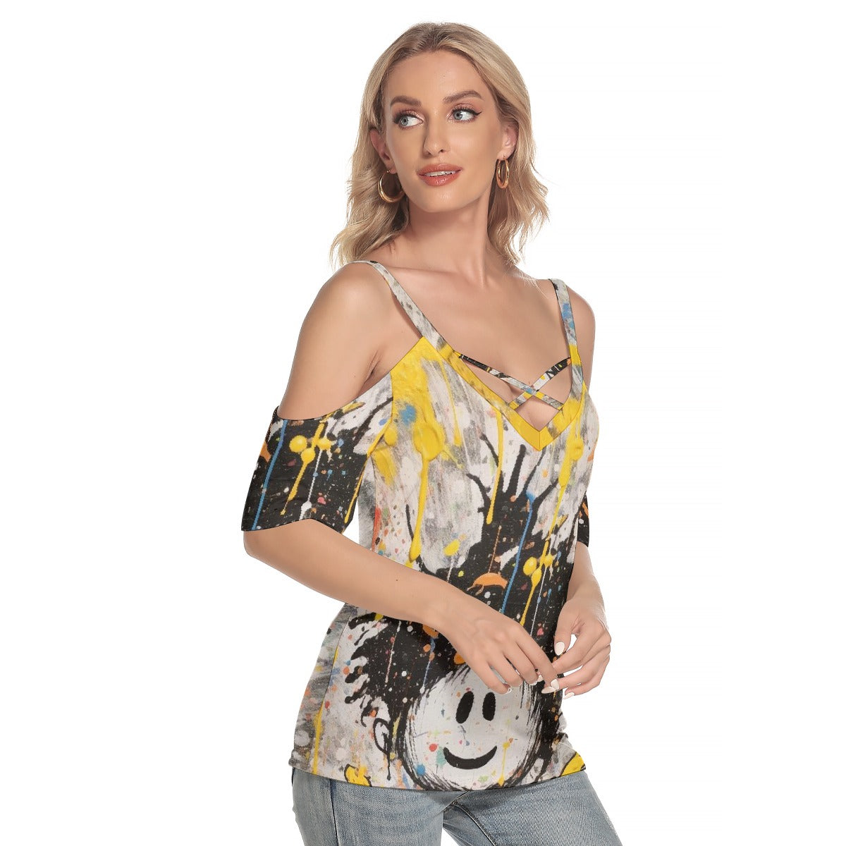 All-Over Print Women's Cold Shoulder T-shirt With Criss Cross Strips