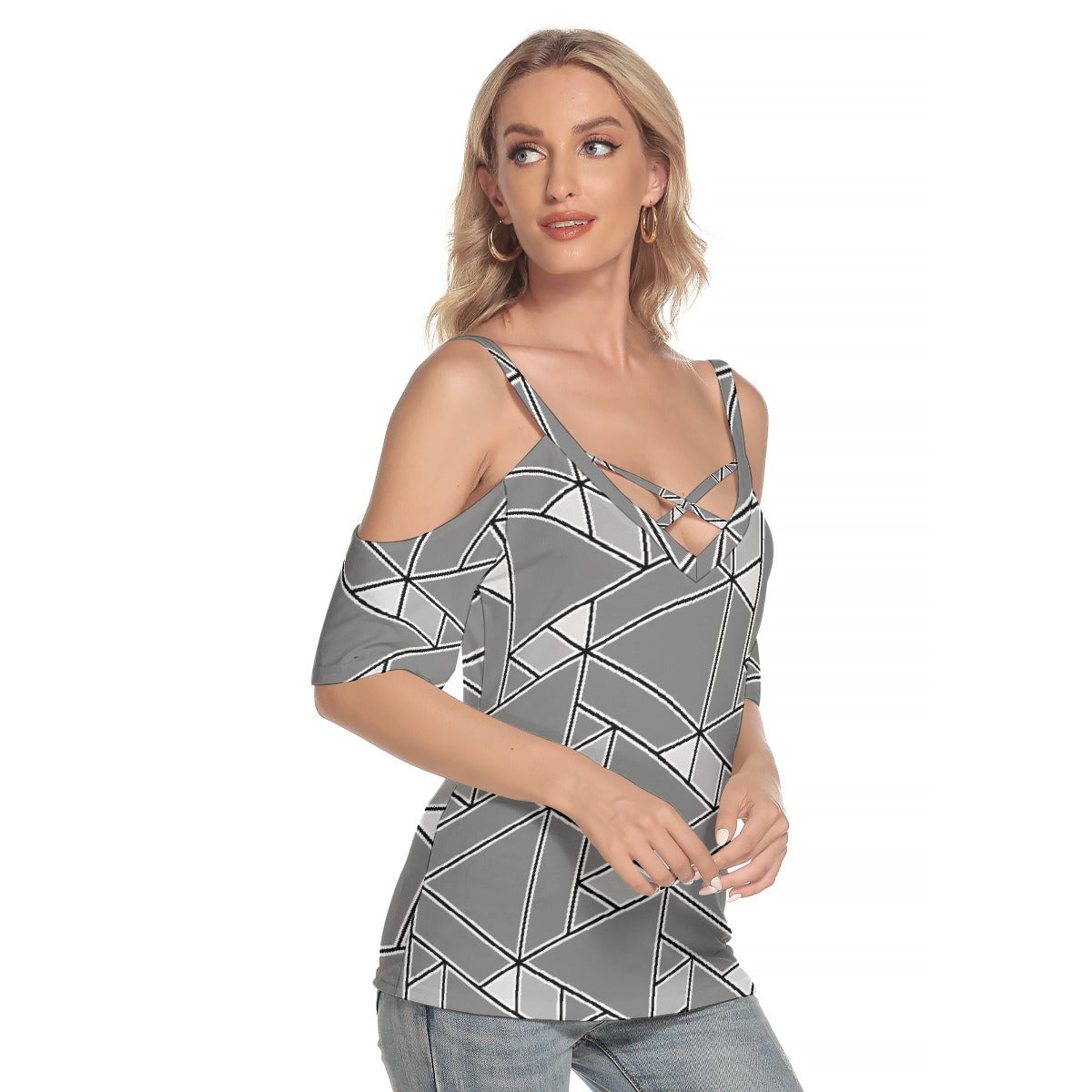 All-Over Print Women's Cold Shoulder T-shirt With Criss Cross Strips