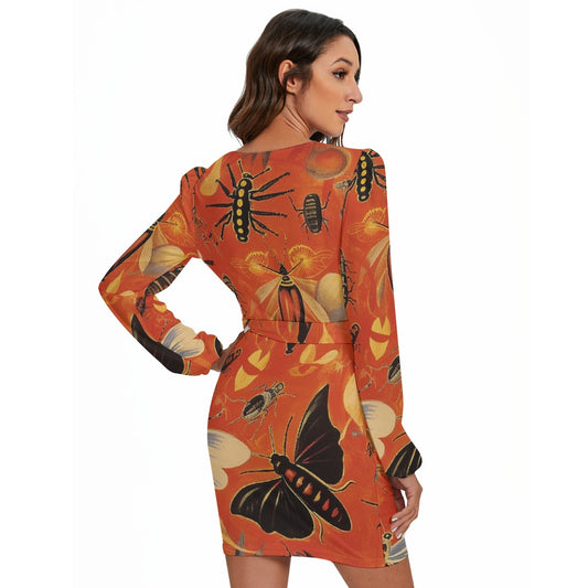 All-Over Print Women's Long Sleeve Dress With Waist Belt