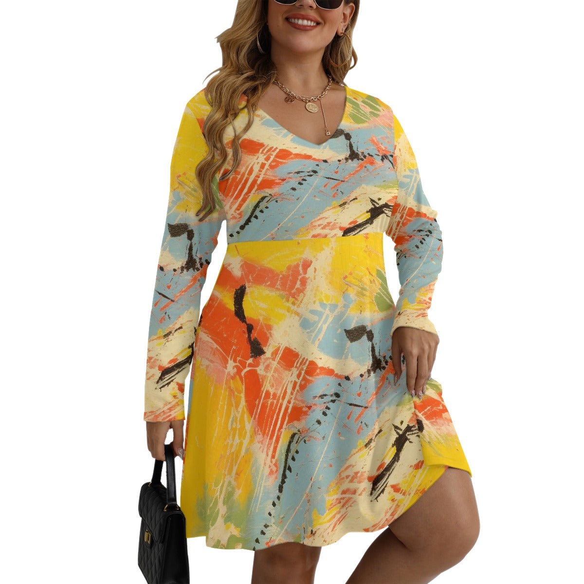 All-Over Print Women's V-neck Long Sleeve Dress(Plus Size)