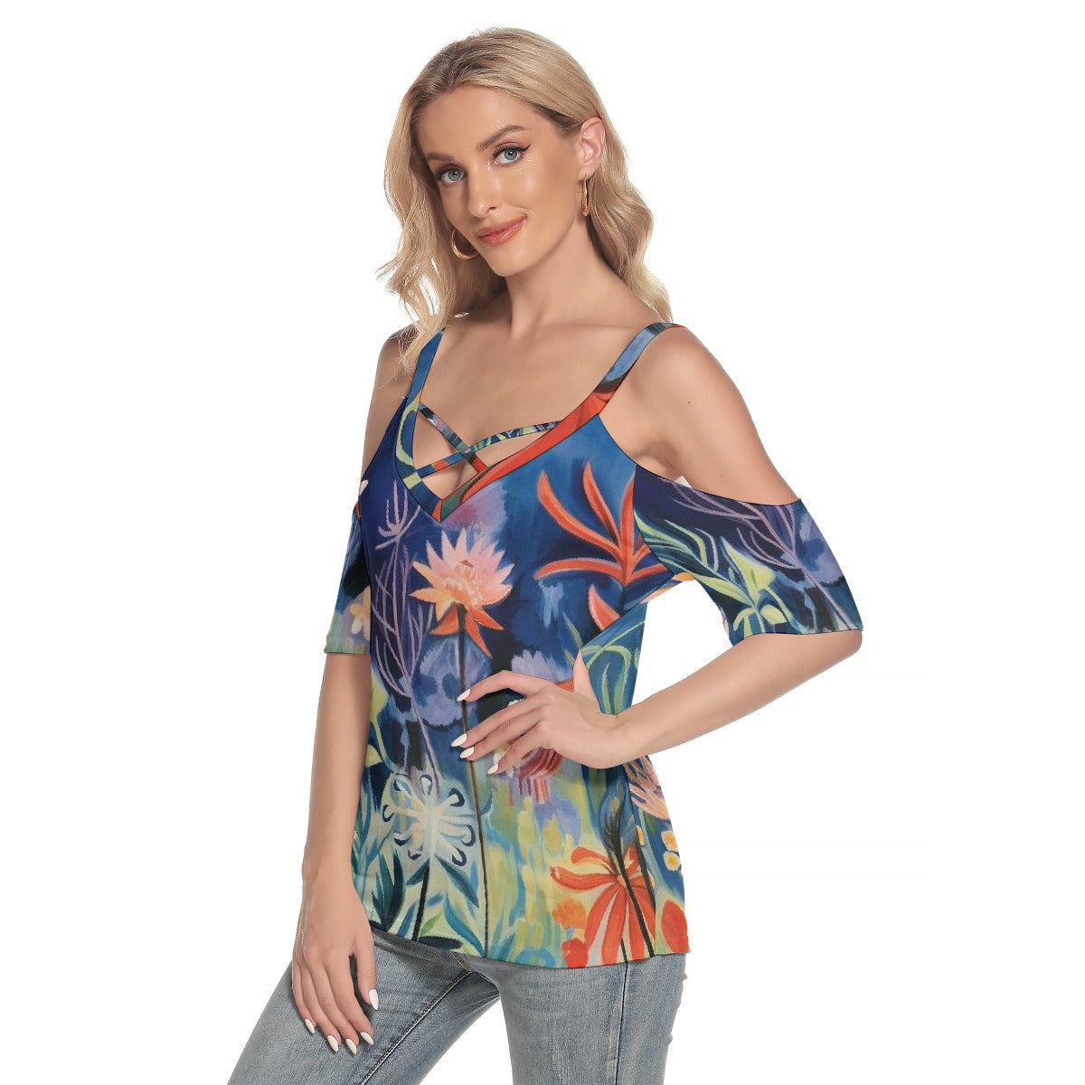 All-Over Print Women's Cold Shoulder T-shirt With Criss Cross Strips