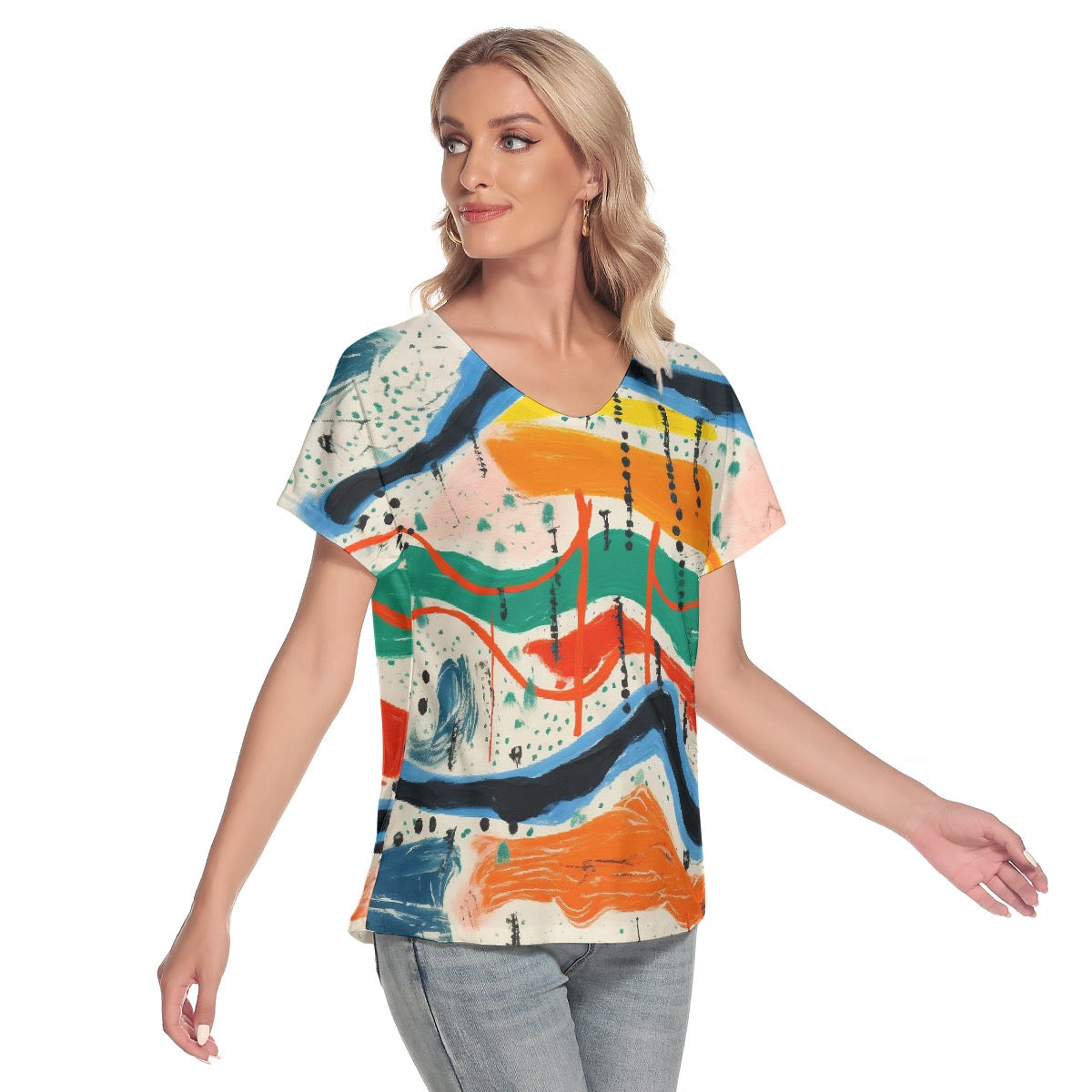 All-Over Print Women's Loose V-neck Short Sleeve T-shirt