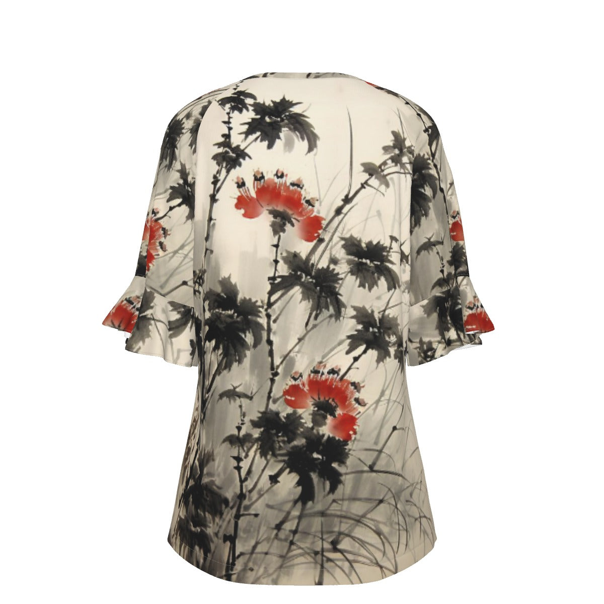 All-Over Print V-neck Women's T-shirt With Bell Sleeve