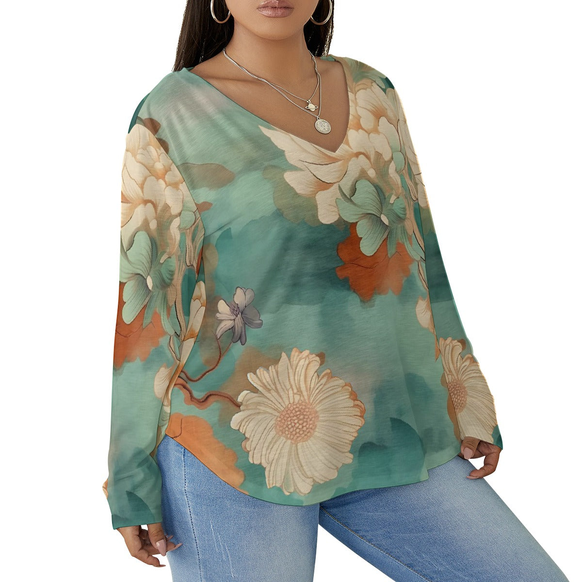 All-Over Print Women's V-neck T-shirt With Curved Hem(Plus Size)