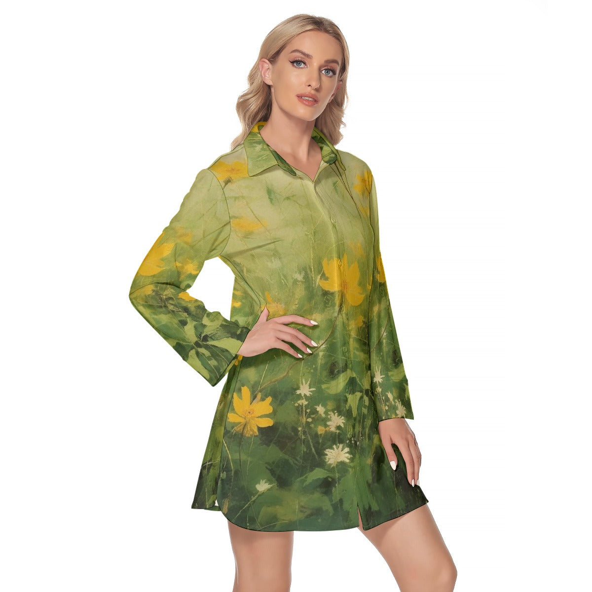 All-Over Print Women's Lapel Shirt Dress With Long Sleeve