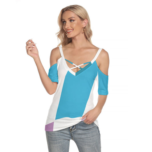 All-Over Print Women's Cold Shoulder T-shirt With Criss Cross Strips