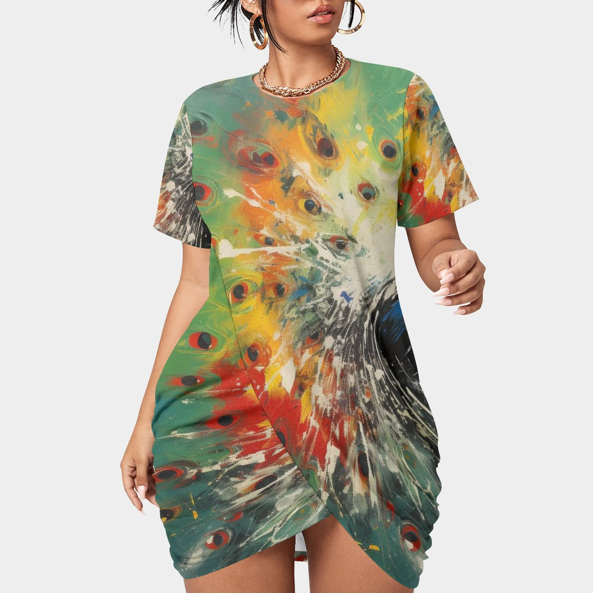 All-Over Print Women’s Stacked Hem Dress With Short Sleeve（Plus Size）