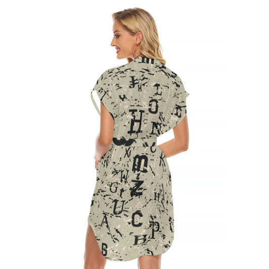 All-Over Print Women's Stand-up Collar Casual Dress With Belt