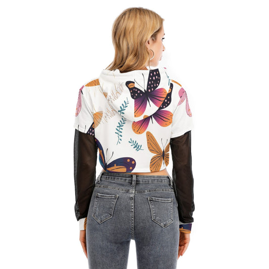 All-Over Print Women's Fake Two-piece Mesh Sleeve Cropped Hoodie