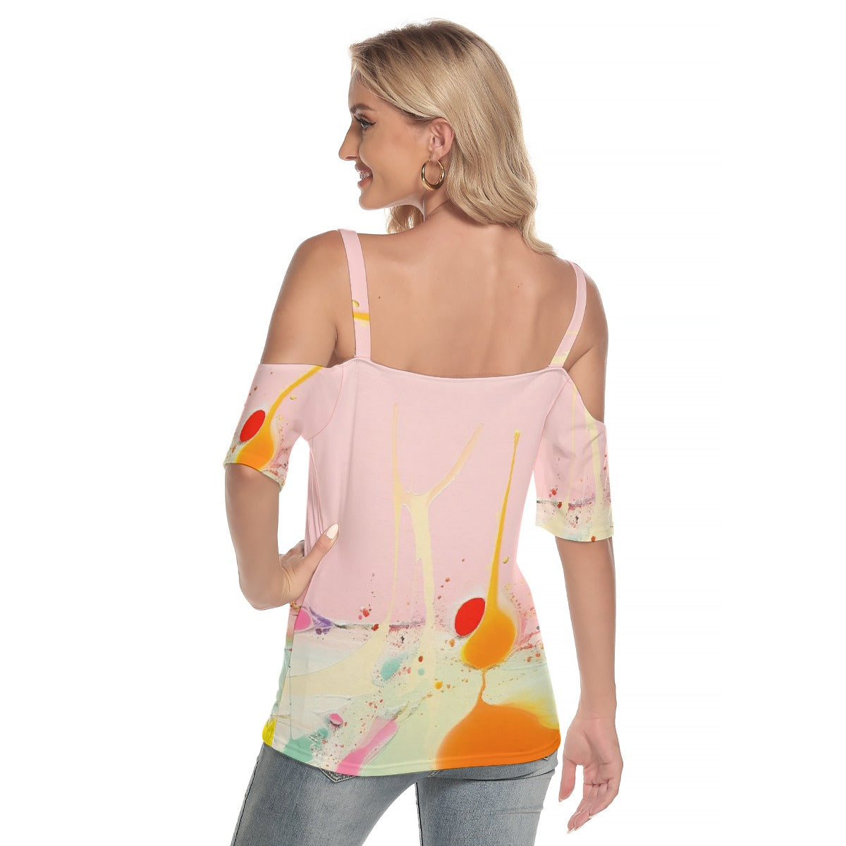 All-Over Print Women's Cold Shoulder T-shirt With Criss Cross Strips