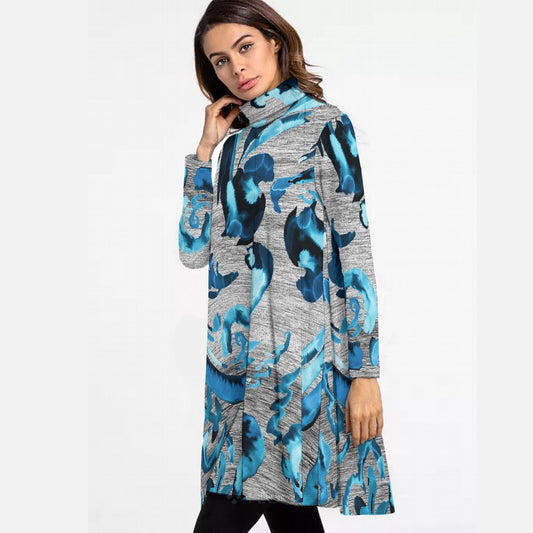 All-Over Print Women's High Neck Dress With Long Sleeve