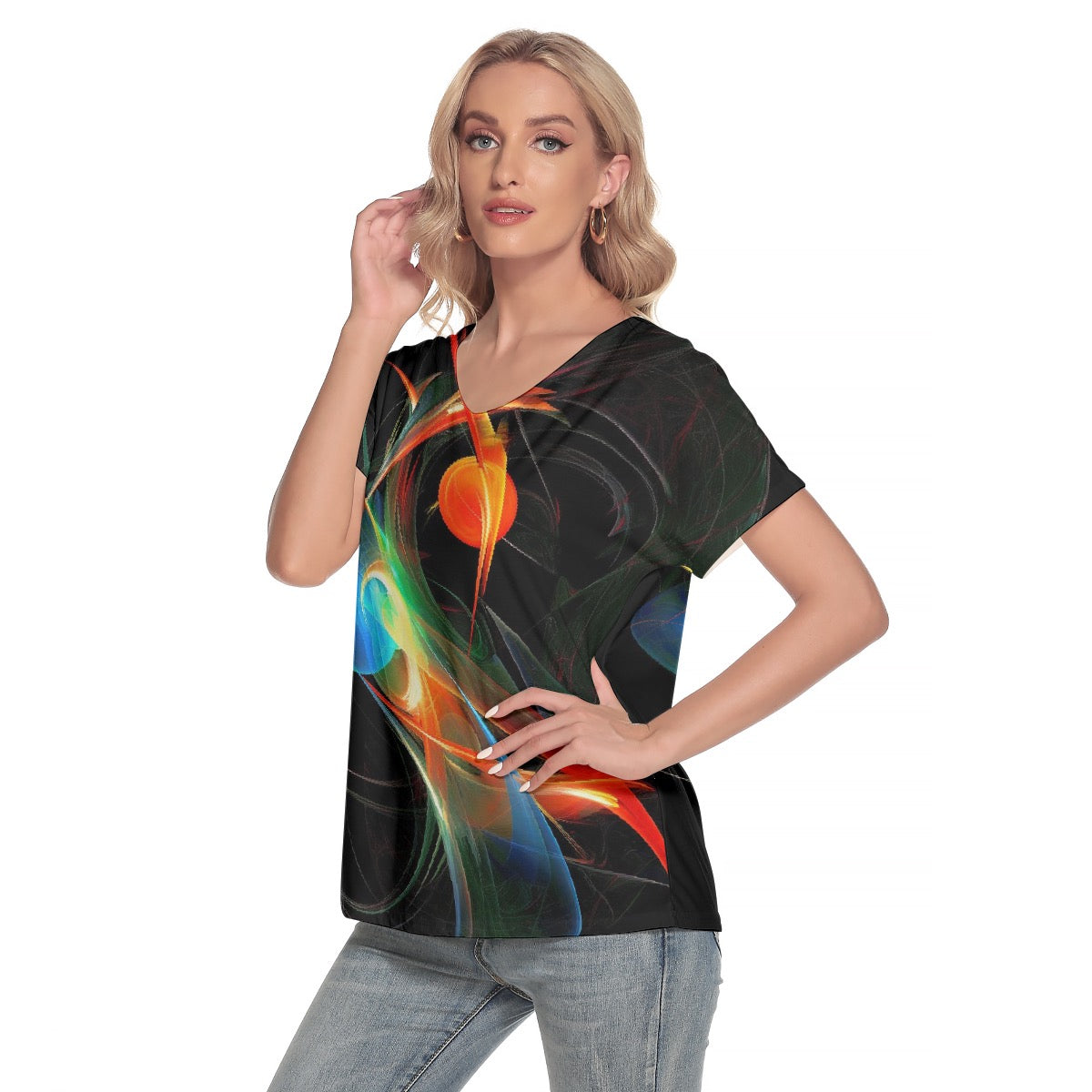 All-Over Print Women's Loose V-neck Short Sleeve T-shirt