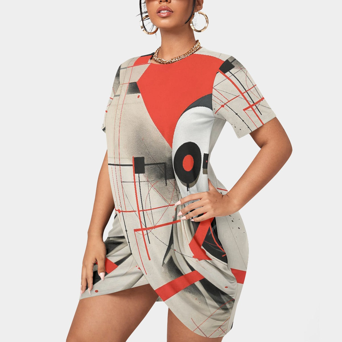 All-Over Print Women’s Stacked Hem Dress With Short Sleeve（Plus Size）