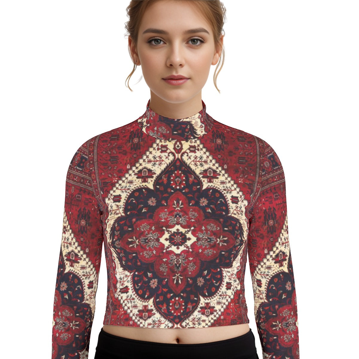 Eco-Friendly All-Over Print Women's Turtleneck T-shirt With Long Sleeve