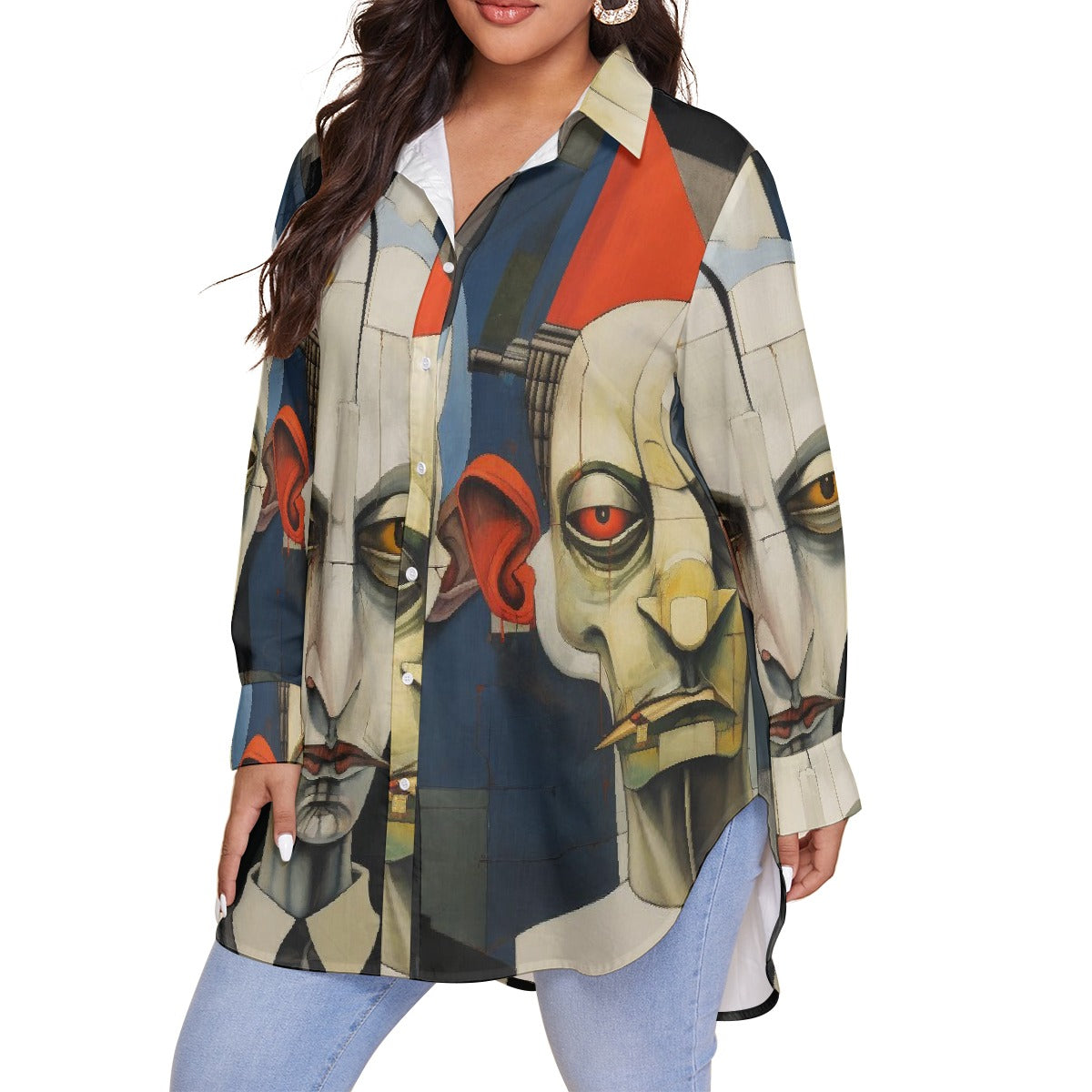 All-Over Print Women's Shirt With Long Sleeve(Plus Size)