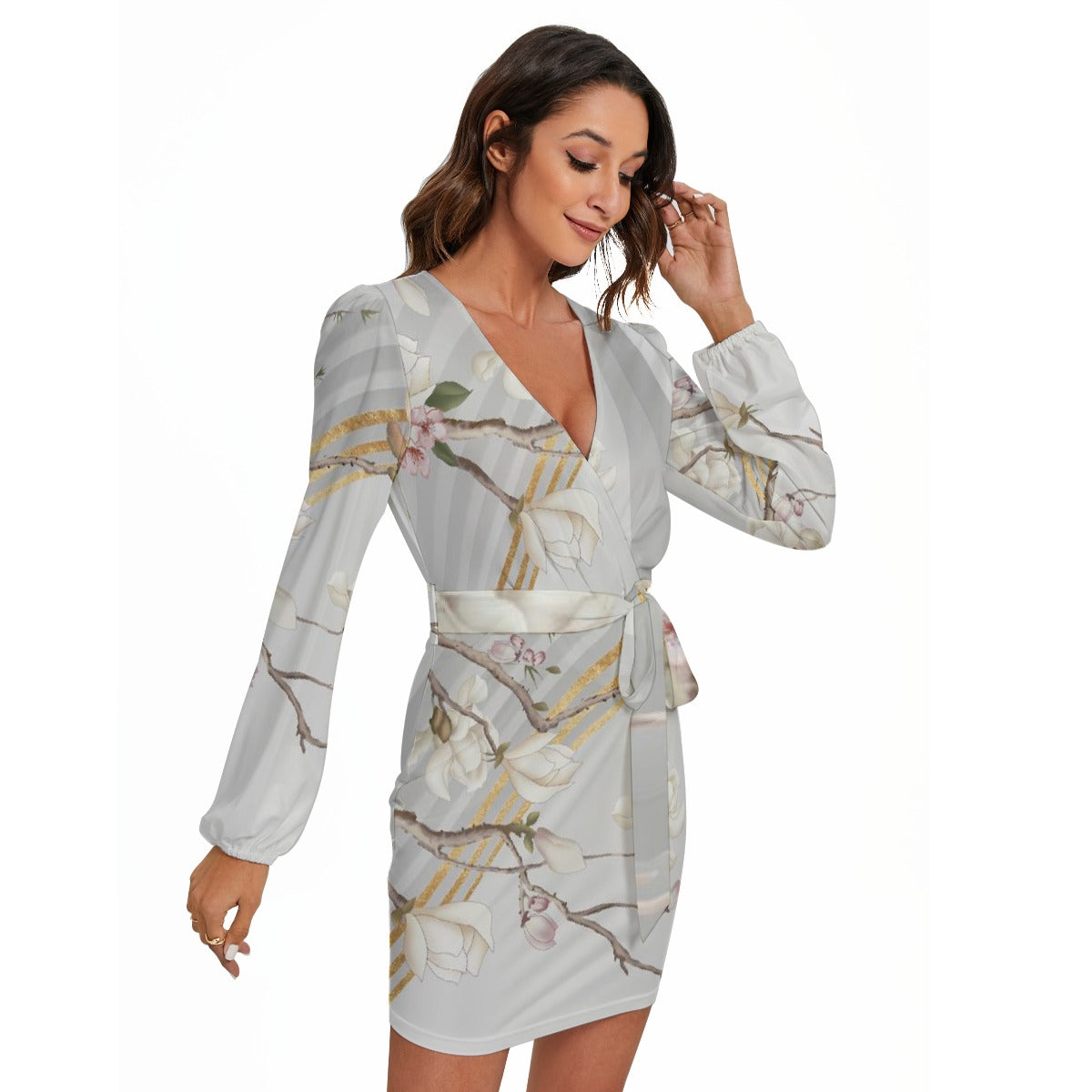 All-Over Print Women's Long Sleeve Dress With Waist Belt