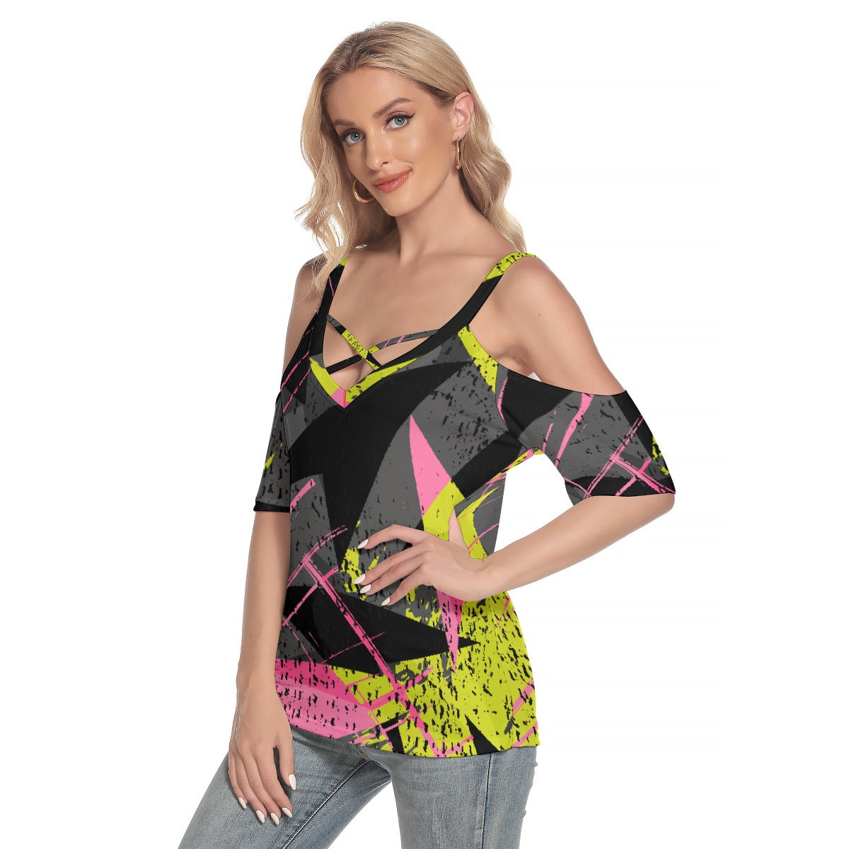 All-Over Print Women's Cold Shoulder T-shirt With Criss Cross Strips