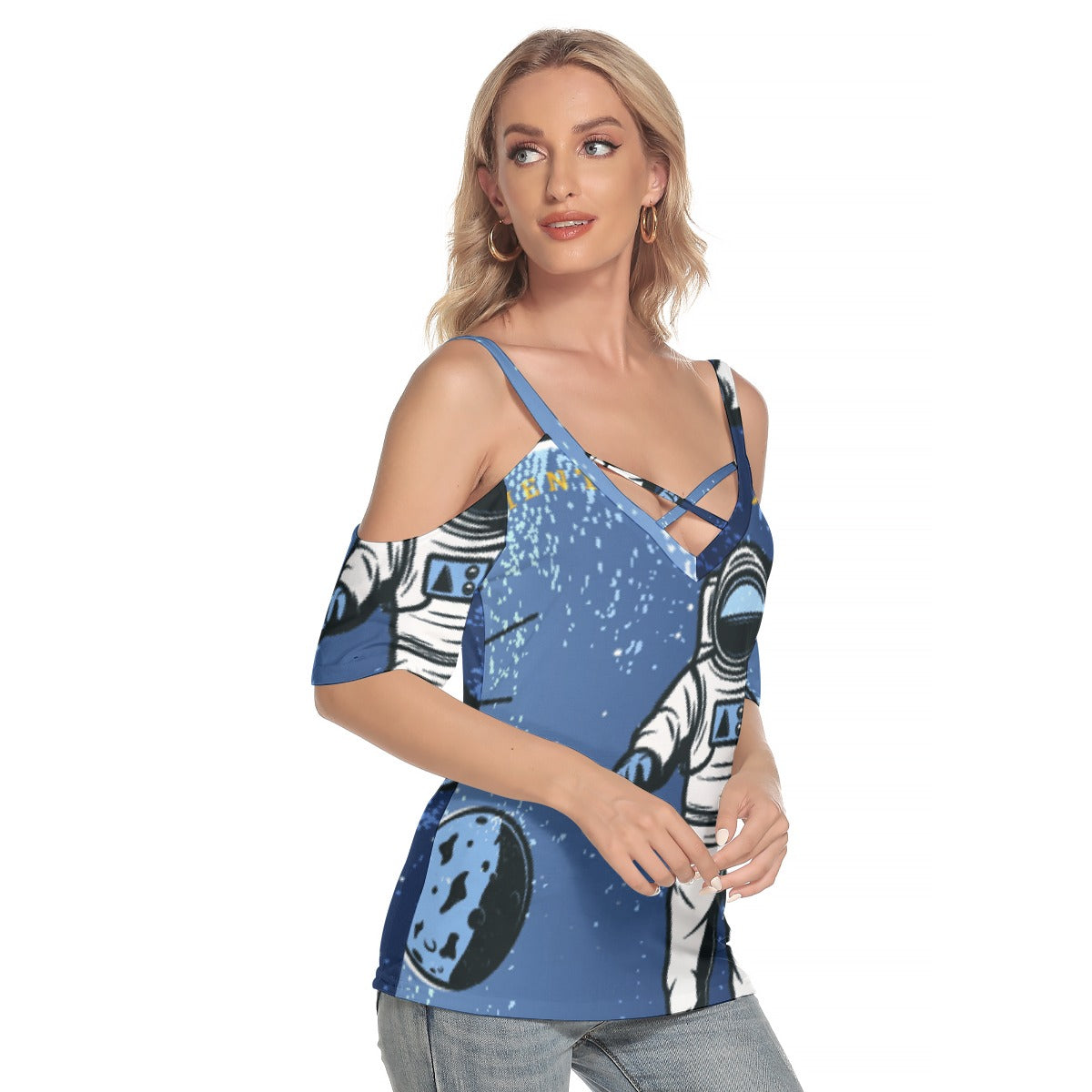 All-Over Print Women's Cold Shoulder T-shirt With Criss Cross Strips