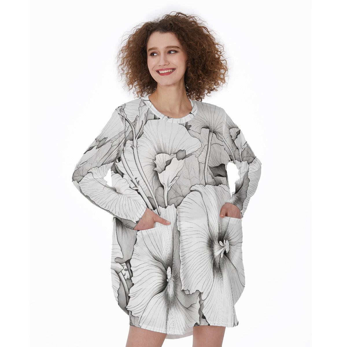 All-Over Print Women's Casual Loose Long Sleeve Dress With Pocket