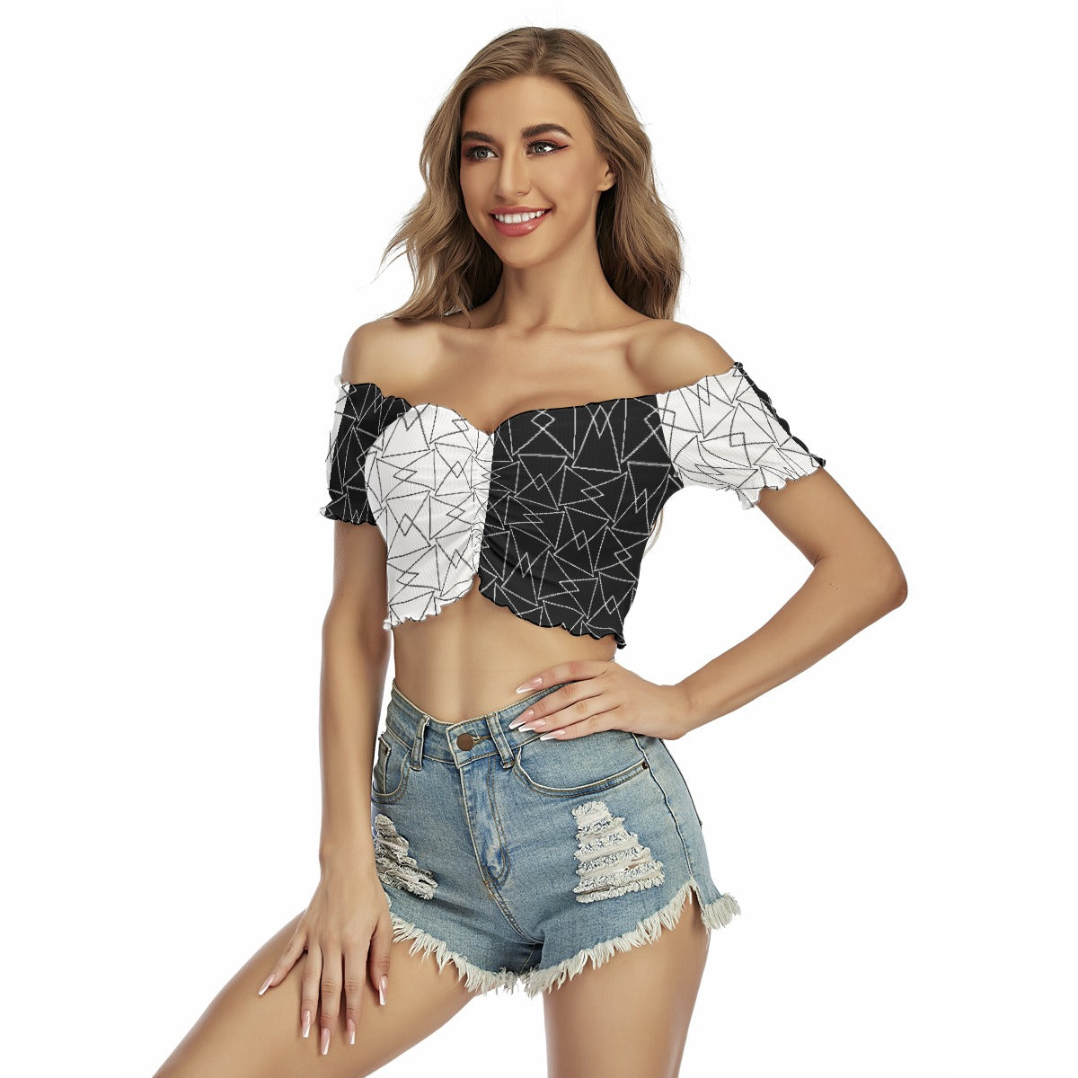 All-Over Print Women's One-shoulder Off-the-navel Short Sleeve T-shirt