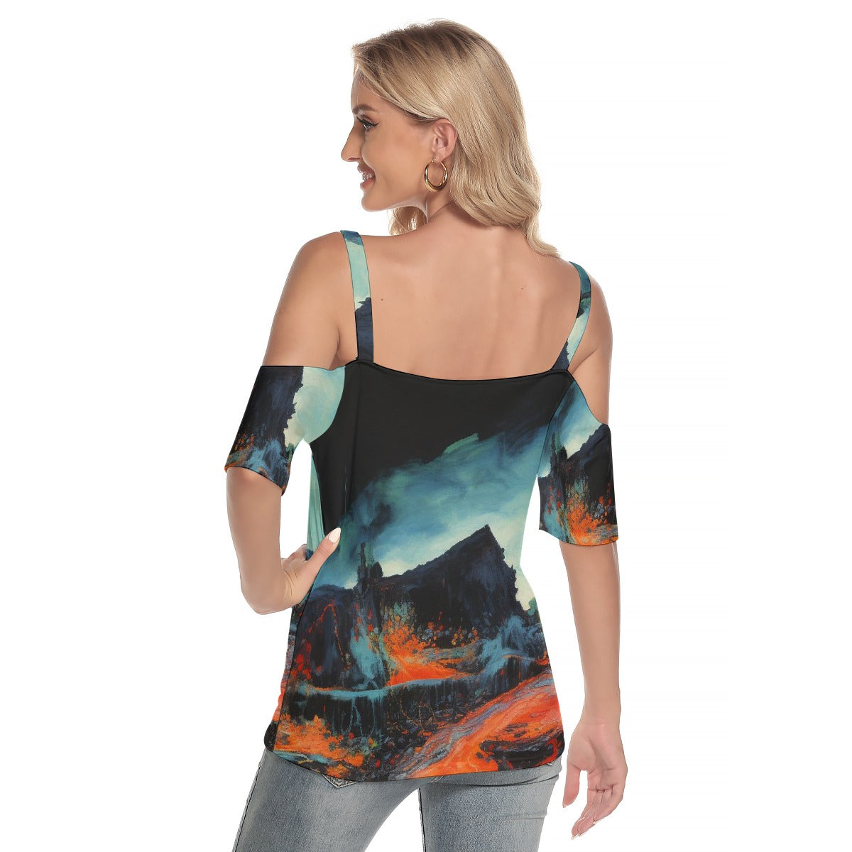 All-Over Print Women's Cold Shoulder T-shirt With Criss Cross Strips