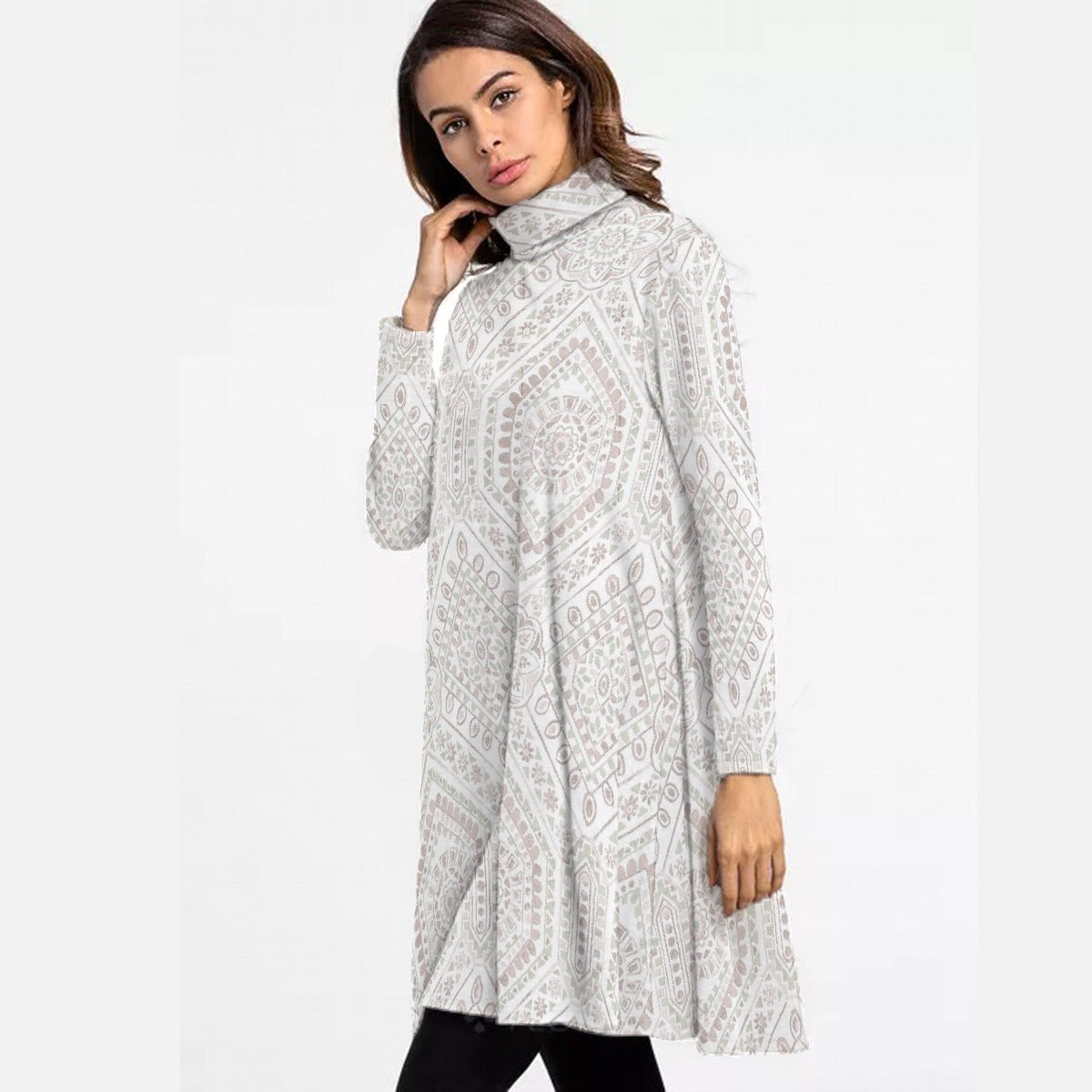 All-Over Print Women's High Neck Dress With Long Sleeve