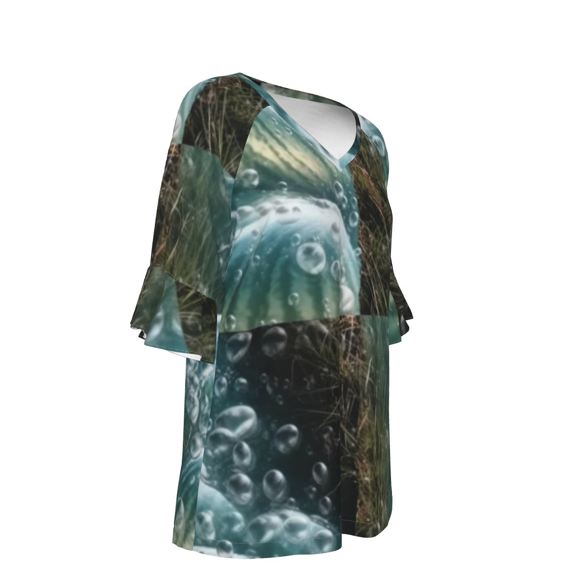 All-Over Print V-neck Women's T-shirt With Bell Sleeve