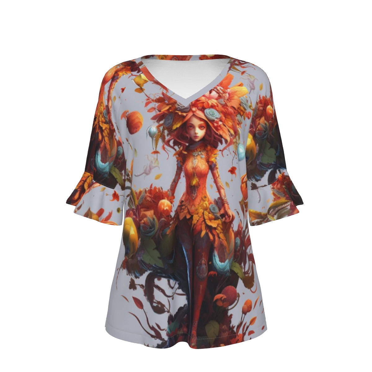 All-Over Print V-neck Women's T-shirt With Bell Sleeve