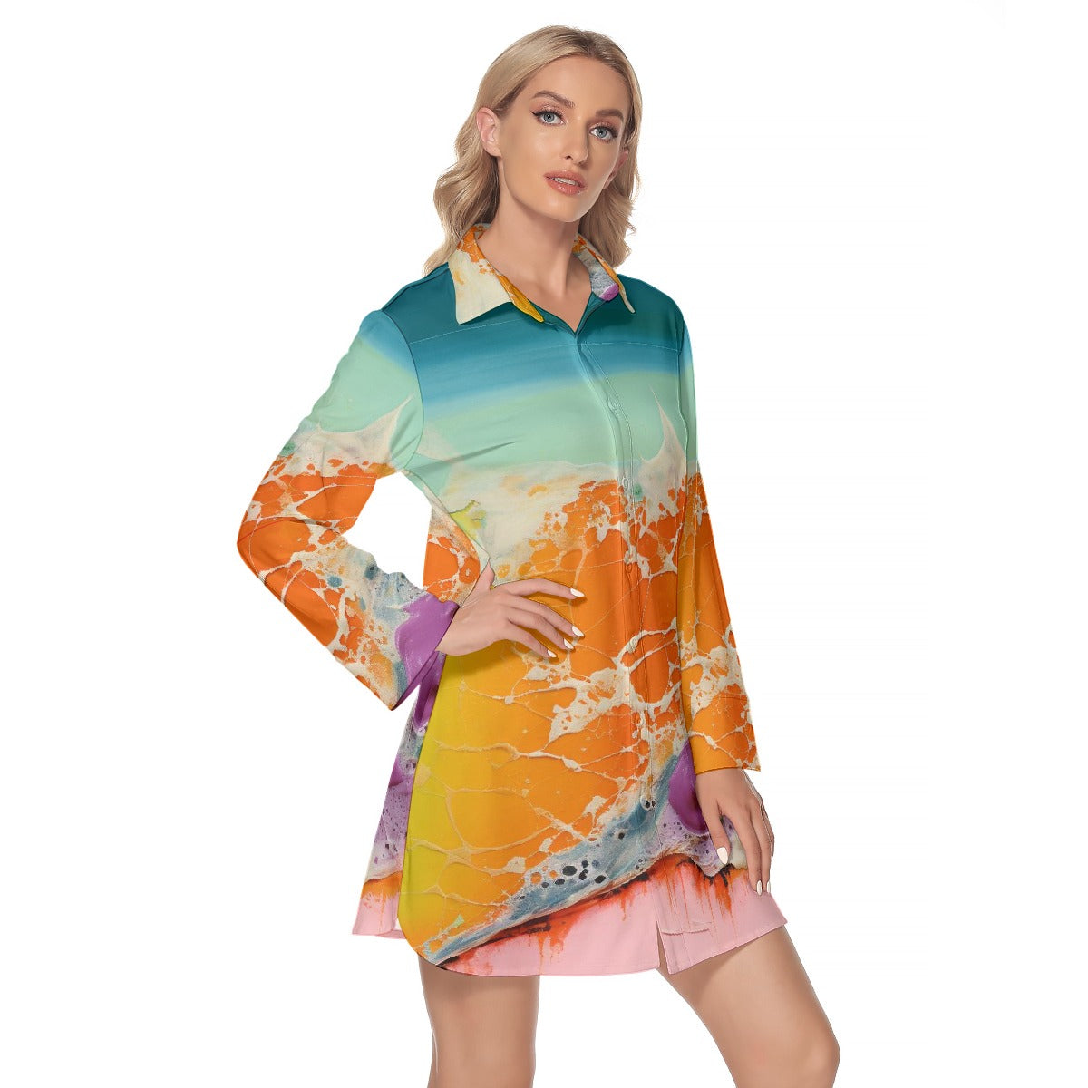 All-Over Print Women's Lapel Shirt Dress With Long Sleeve